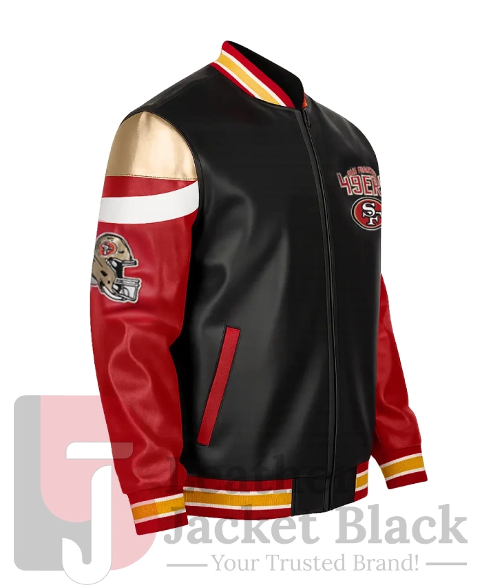 SF 49ers Black Bomber Leather Jacket - Image 2