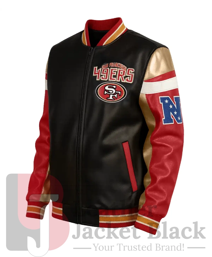 SF 49ers Black Bomber Leather Jacket - Image 3