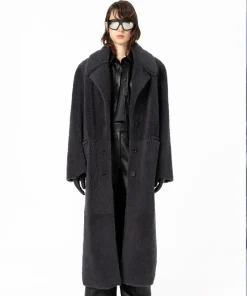 Diana Shearling Sheepskin Single-Breasted Leather Black Coat