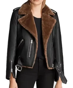 Gina Aviator Shearling Leather Black Biker Jacket