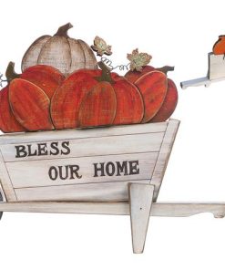 WOODEN PUMPKINS ON WHEEL BARROW DECOR STAND (BLESS OUR HOME)