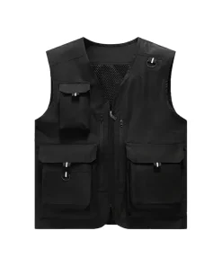 Mens Multi Pockets Black Cotton Outdoors Vest