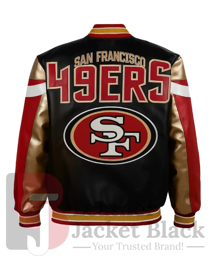 SF 49ers Black Bomber Leather Jacket - Image 4