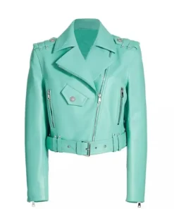 Women’s Belted Turquoise Leather Biker Jacket