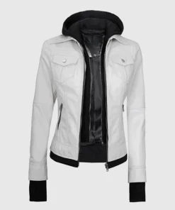Womens Hood Removable White Leather Jacket