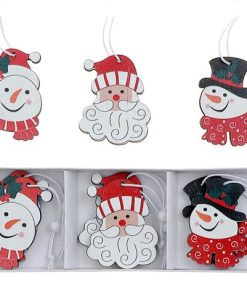 12PK WOODEN SNOWMAN AND SANTA ORNAMENTS (ASSTD)