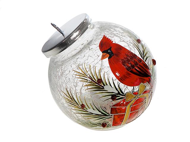 LED CRACKLED GLASS ORNAMENT DECOR (CARDINAL ON GIFTBOX)