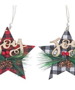 BUFFALO PLAID JOY ON STAR WOOD ORNAMENT (ASSTD)