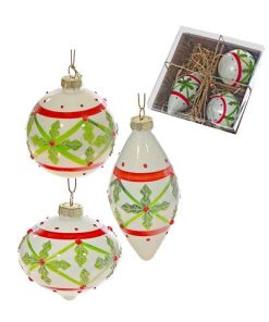 8cm 3 PC GLASS ORNAMENT IN GIFT BOX (HOLLY)